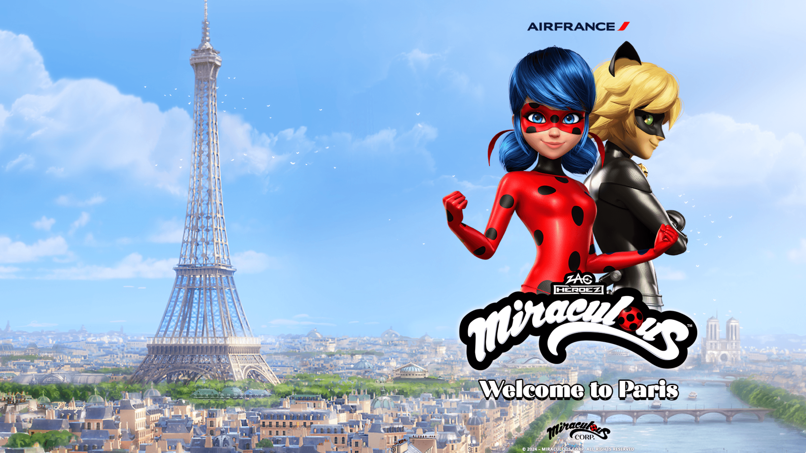 An image of the Eiffel Tower with the characters of the cartoon Miraculous