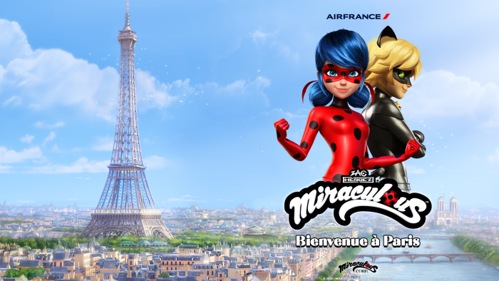 Image de la Tour Eiffel avec les personnages du dessin animé Miraculous à côté