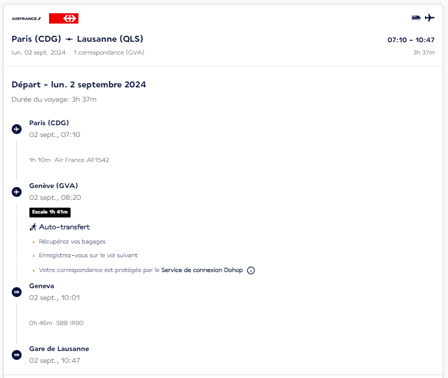 A screen capture from Air France smart connect that shows the time of flights